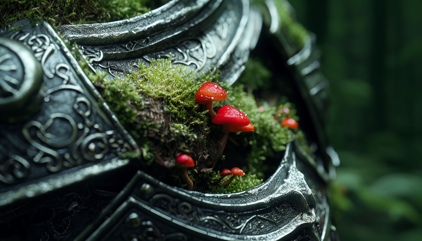 Ornate Fantasy Armor with Moss and Mushrooms Vertical Wallpaper Virtual Backgrounds