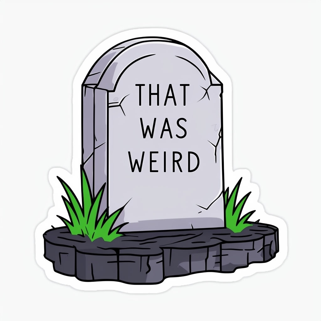 Humorous Cartoon Gravestone with "That Was Weird" Text Sticker