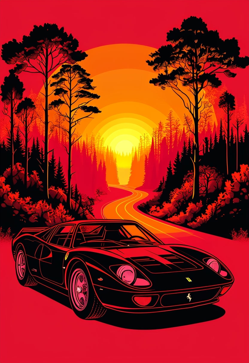 Dynamic Black Sports Car Illustration Against Vibrant Sunset Background Mobile Wallpaper