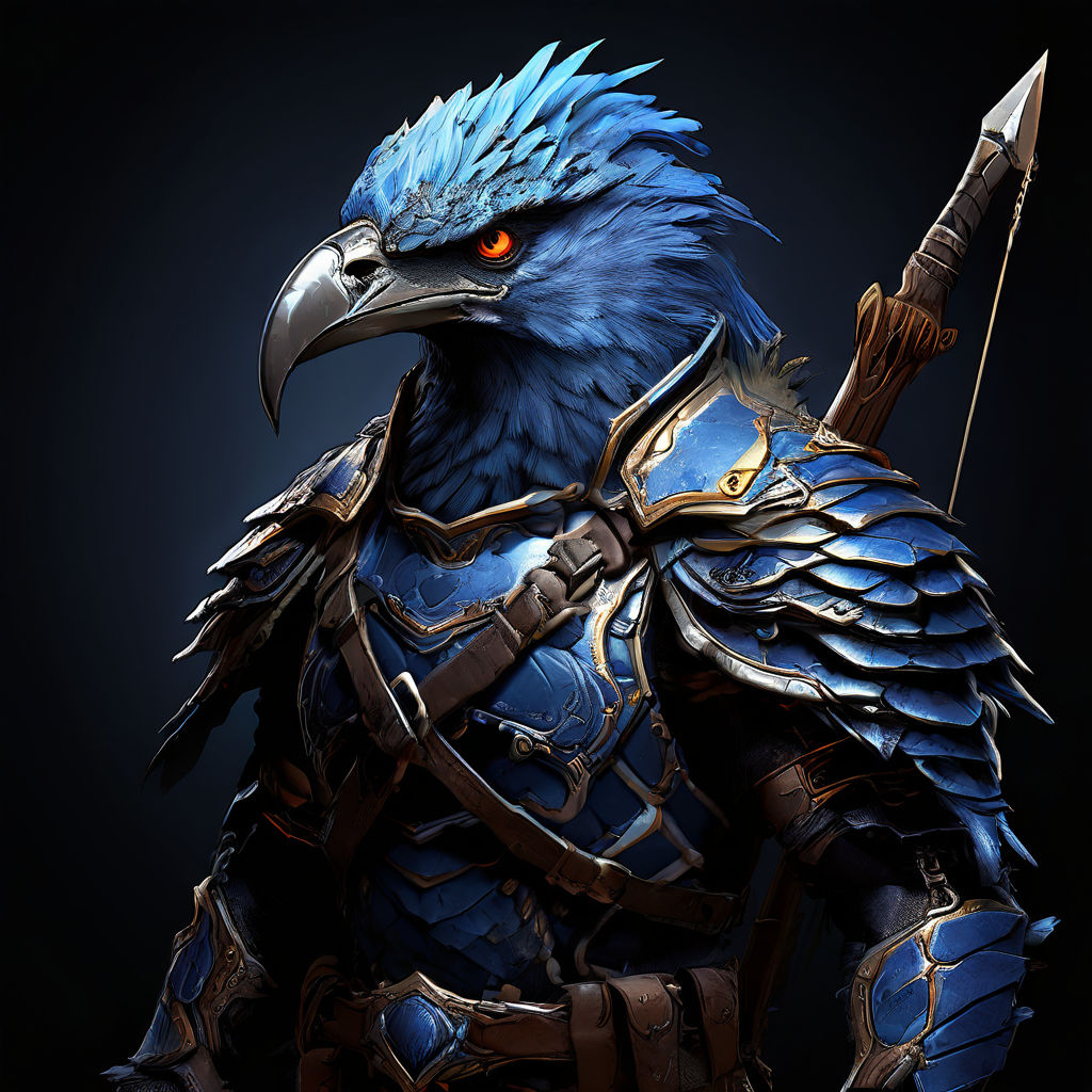 Create an evil blue Aarakocra commander in a hand draw style... by Caio ...