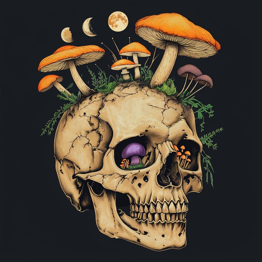Surreal Skull with Mushrooms and Moon Phases T-shirt