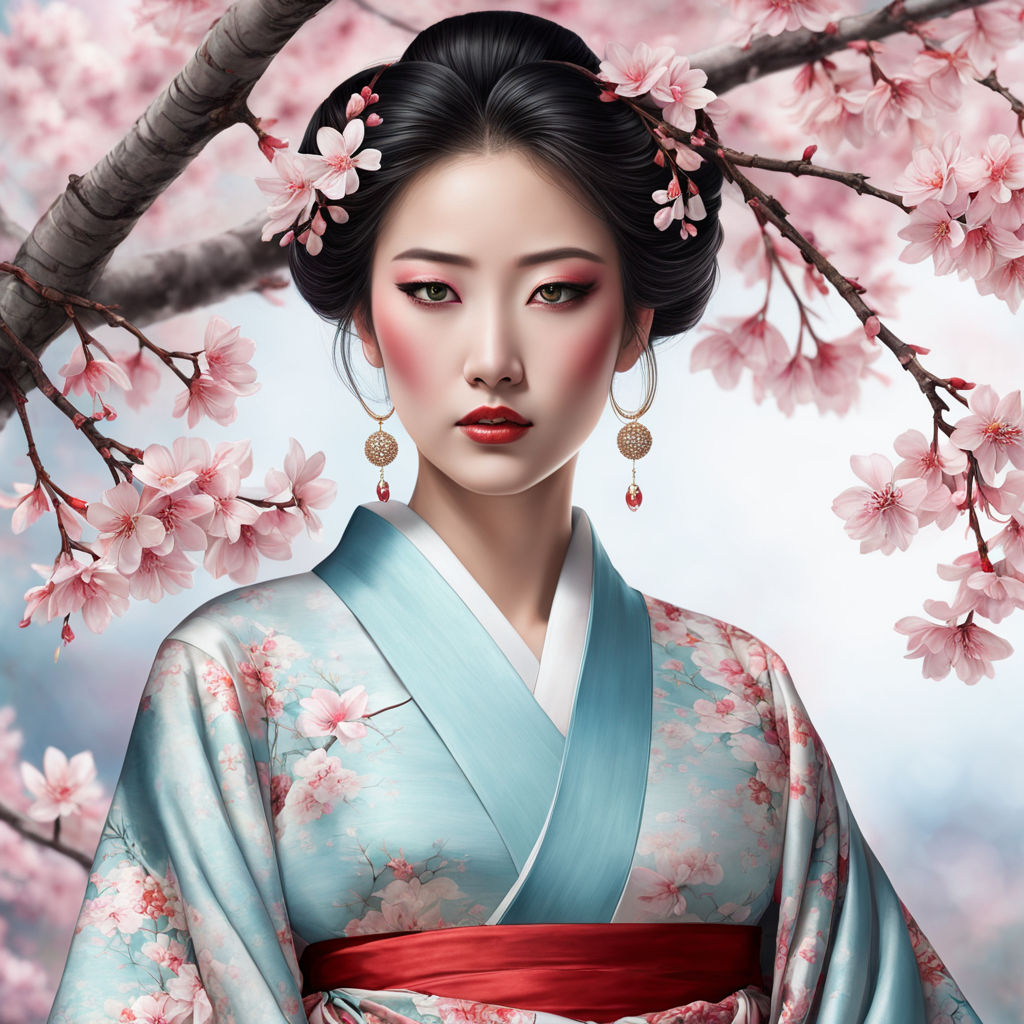 detailed geisha with cherry blossoms digital painting