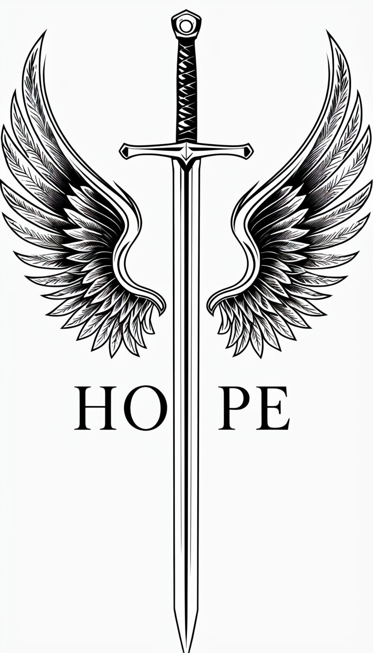 Minimalist Black and White Sword with Wings and Hope Design Mobile Wallpaper