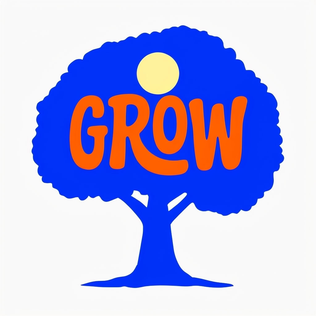 Vibrant Blue Tree with 'GROW' Text and Sun Sticker