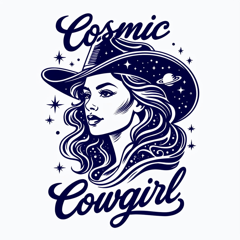 Cosmic Cowgirl Illustration with Stars and Navy Blue Hat Mug