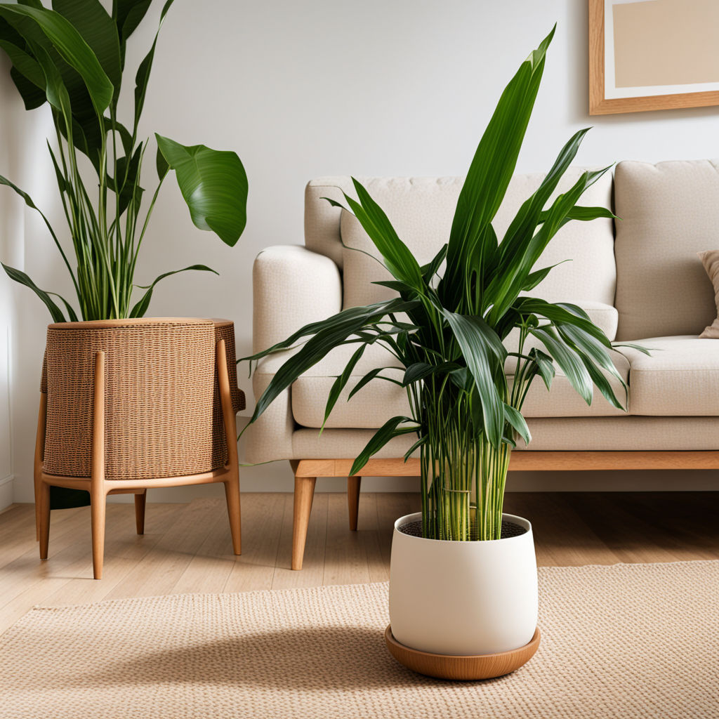 A pot of mass cane floor plant on the floor next to the sofa... by Your