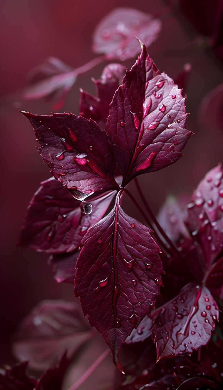 Burgundy Leaves with Water Droplets Macro Photography Mobile Wallpaper