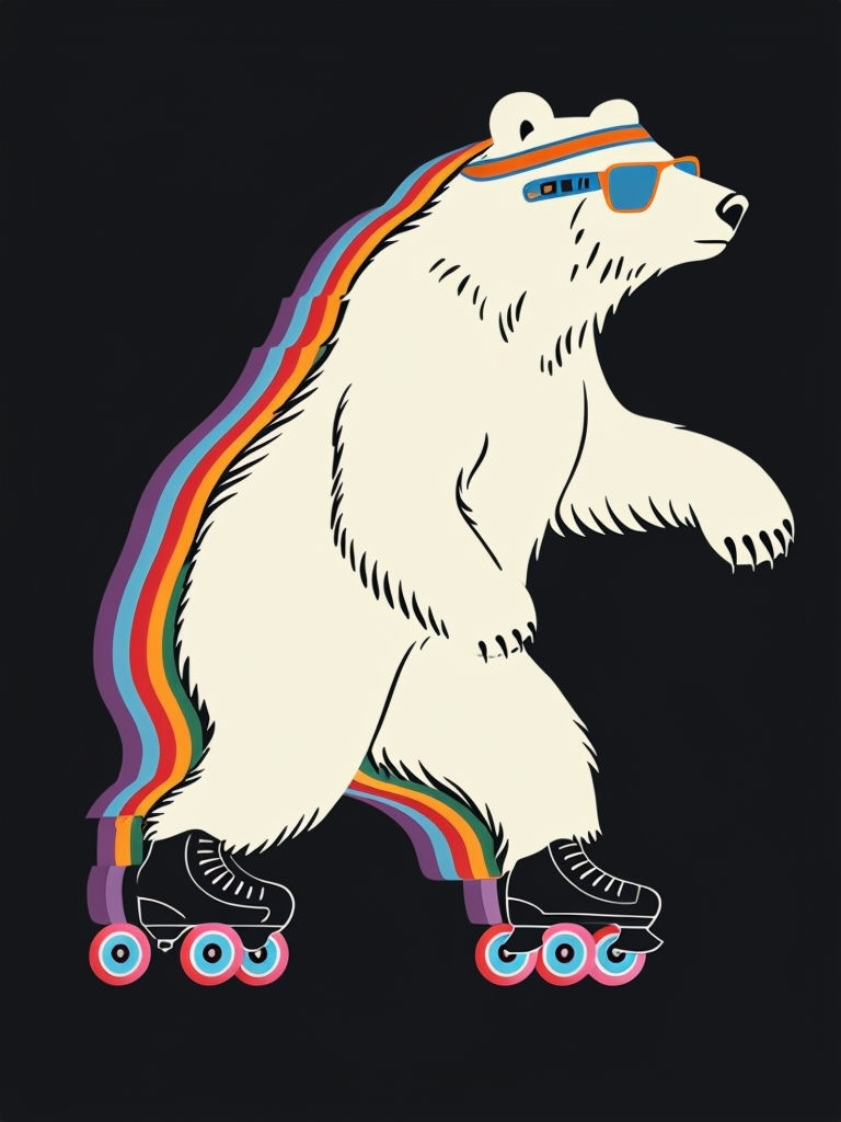 Whimsical Polar Bear Illustration with Colorful Roller Skates Art