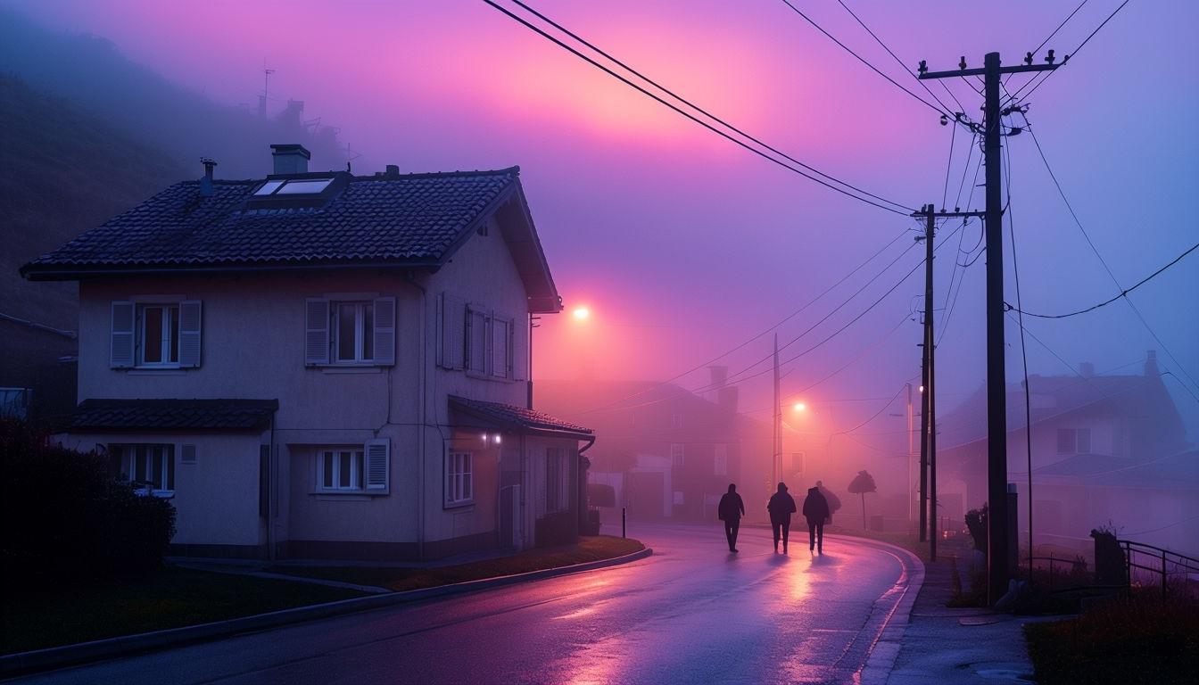 Serene Foggy Evening Residential Scene Virtual Background