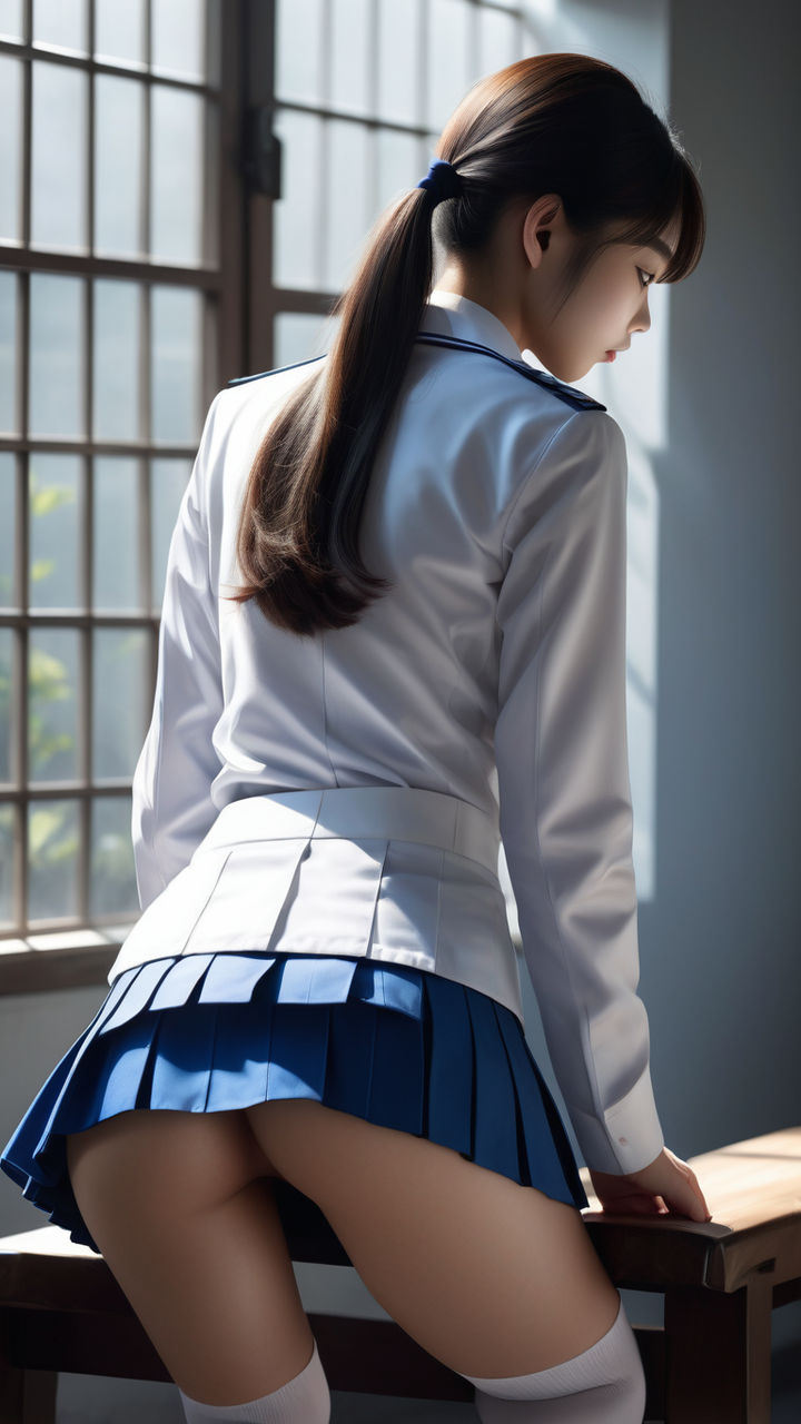 A girl wearing skirt bending over