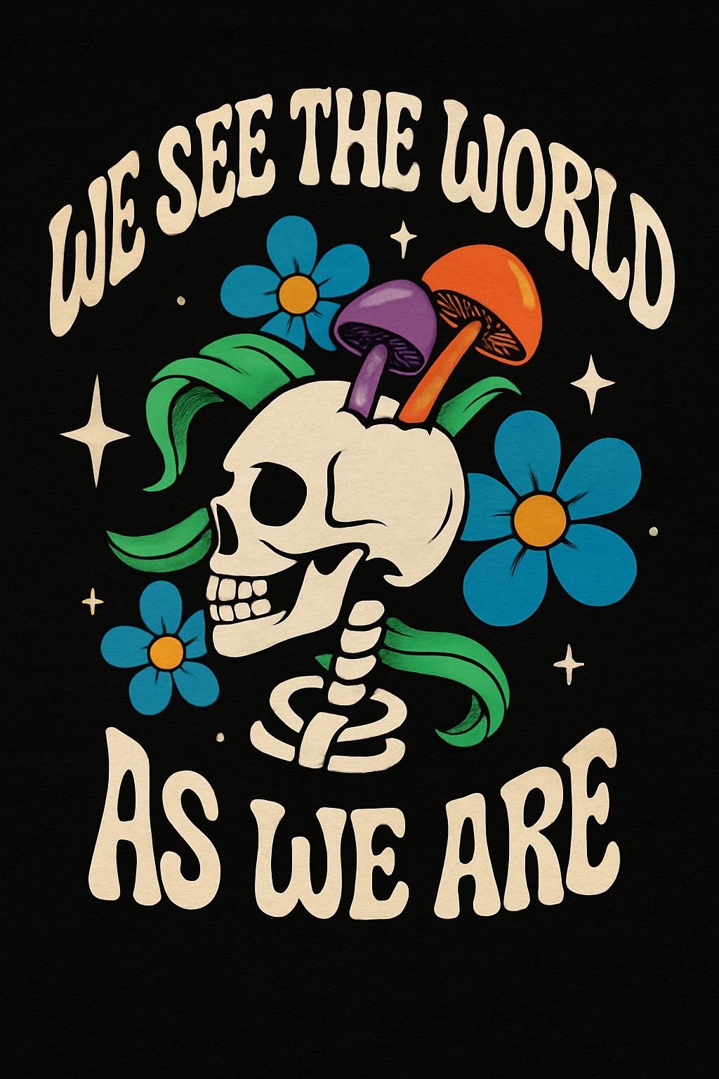 Vintage Psychedelic Skull with Mushrooms and Flowers T-Shirt