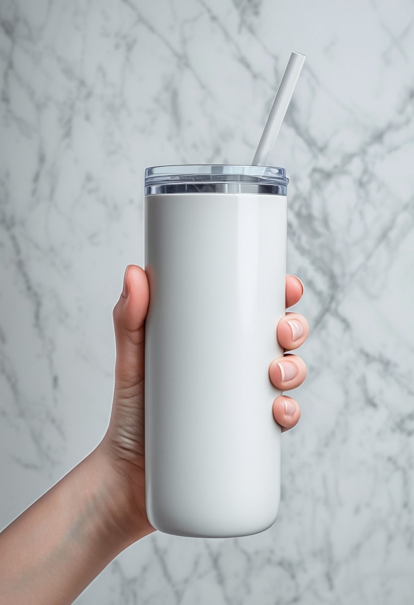 Elegant White Stainless Steel Tumbler in Hand Mockup