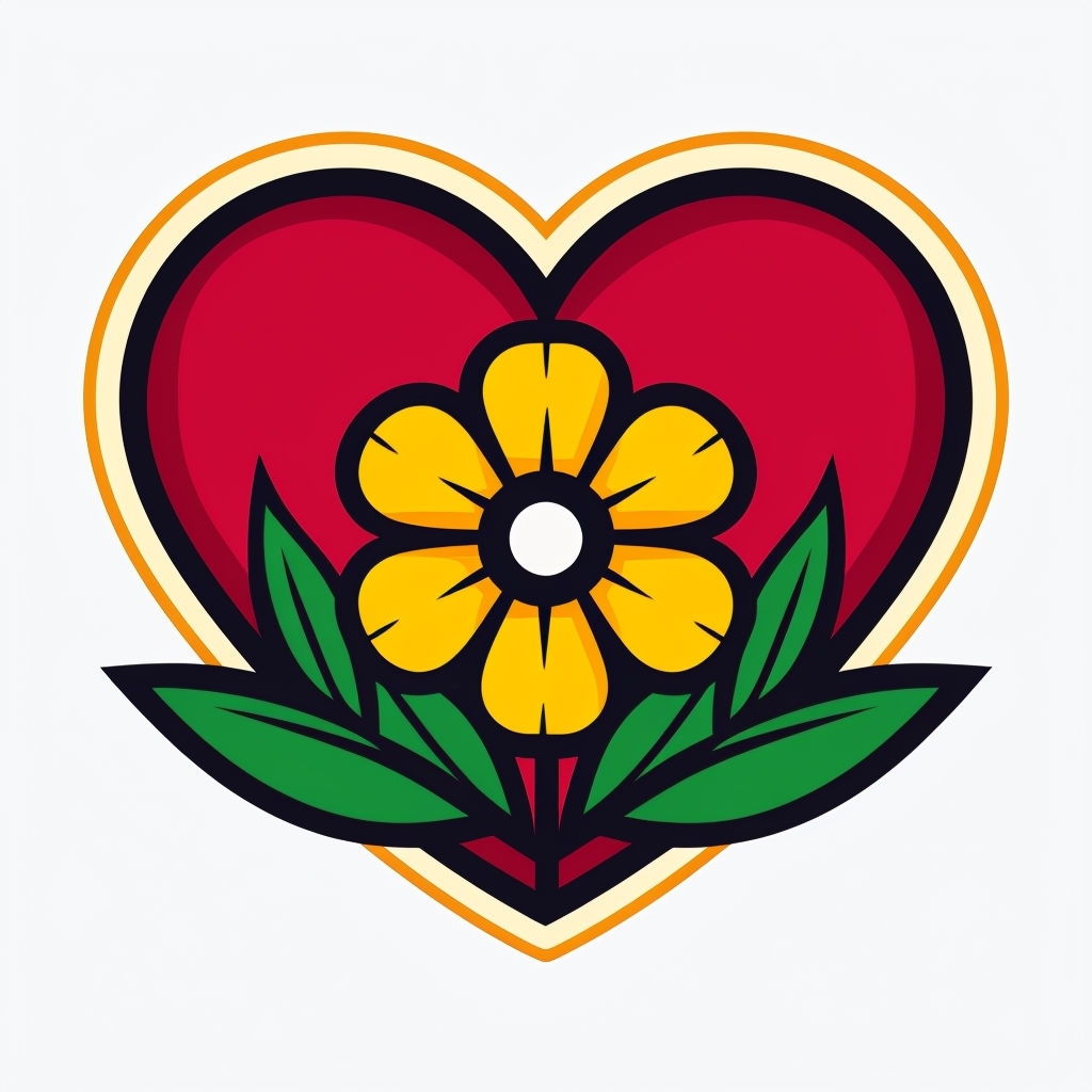 Vibrant Heart Emblem with Leaves and Flower Illustration Sticker