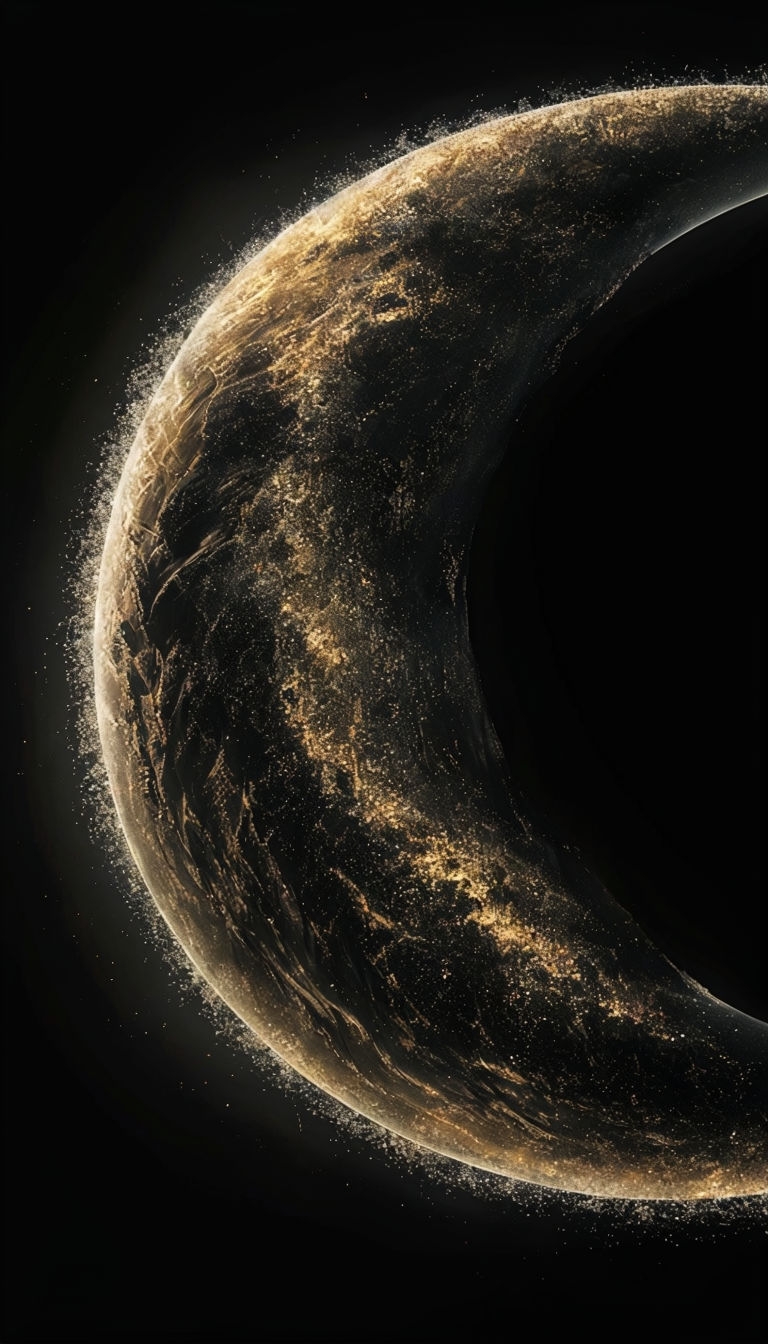 Crescent Planet with Ethereal Glow and Cosmic Particles Mobile Wallpaper