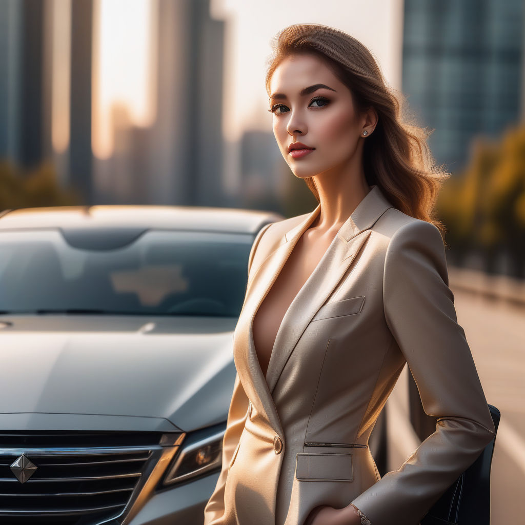 A mature women who has delicate face standing in front of black car