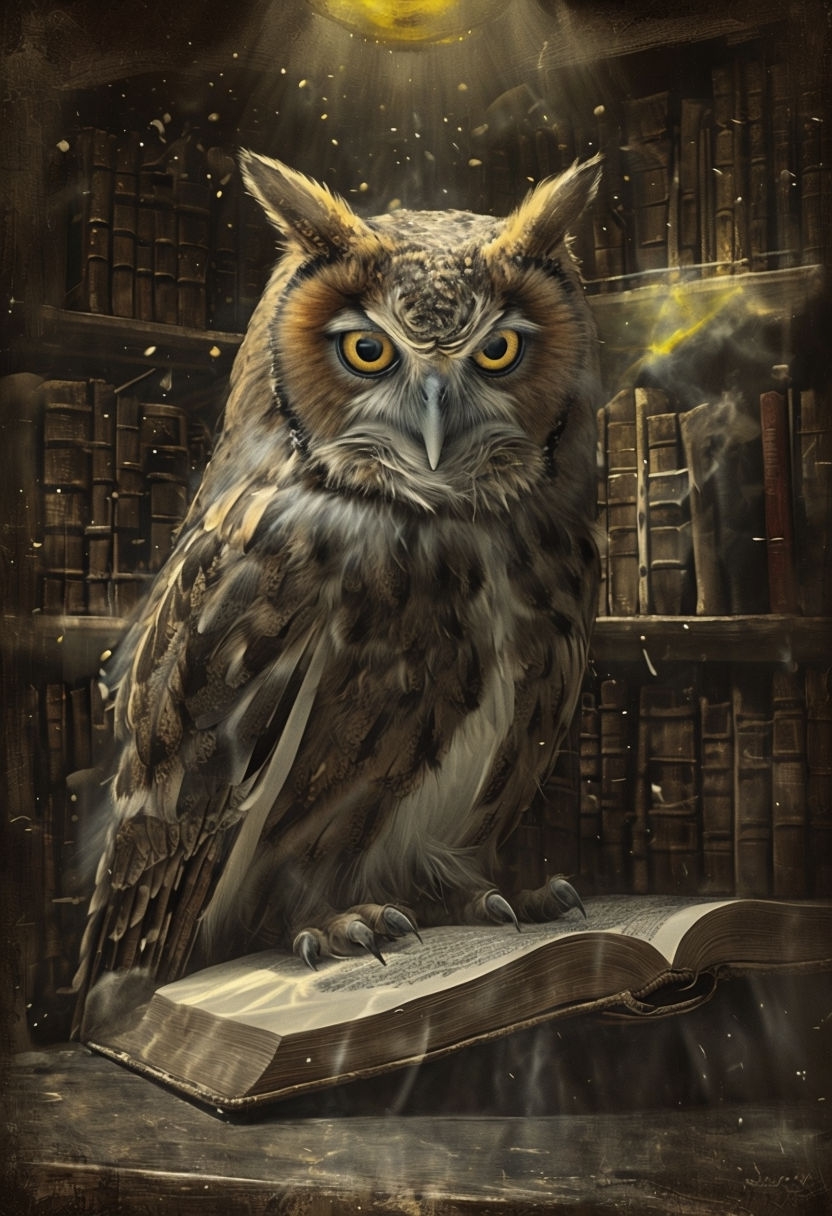 Wise Old Owl Reading in Vintage Library Art