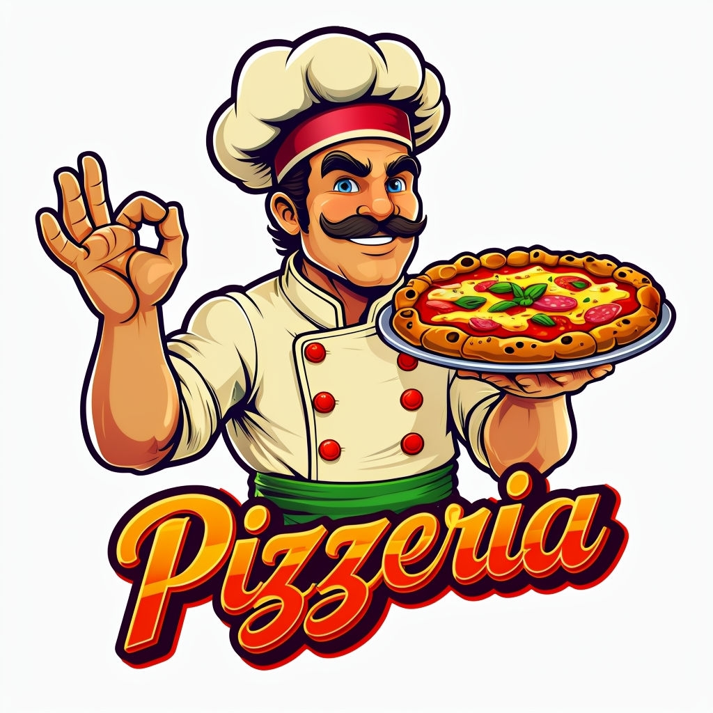 Cheerful Cartoon Chef with Pizza and Pizzeria Text Logo