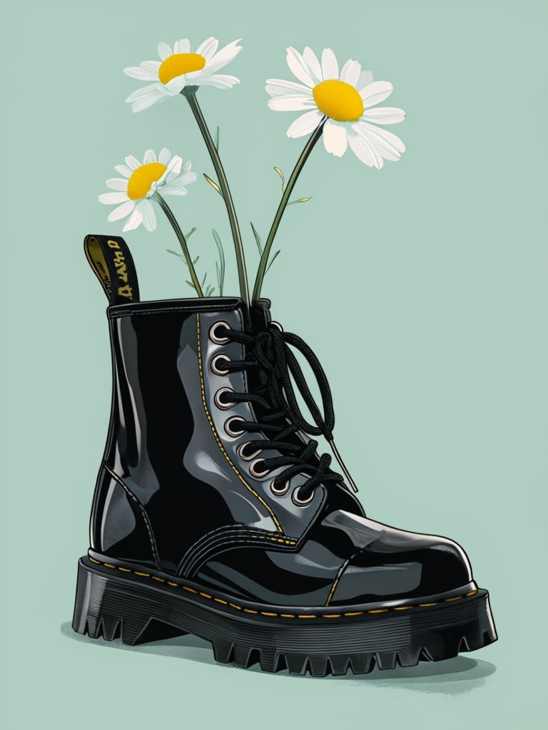 Whimsical Black Dr Martens Boot with Daisies Digital Art Poster