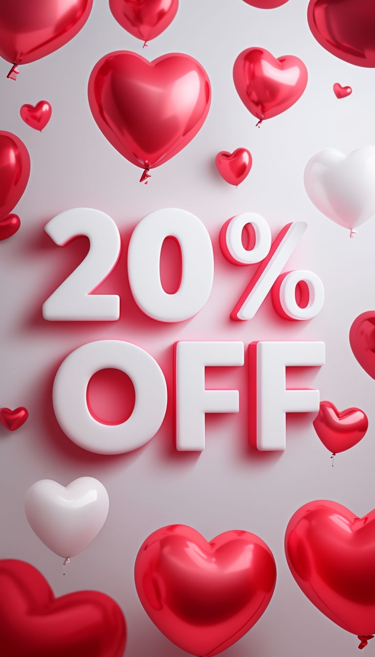 Vibrant Heart-Shaped Balloons Promotion with 20% Off Announcement Social Media Post