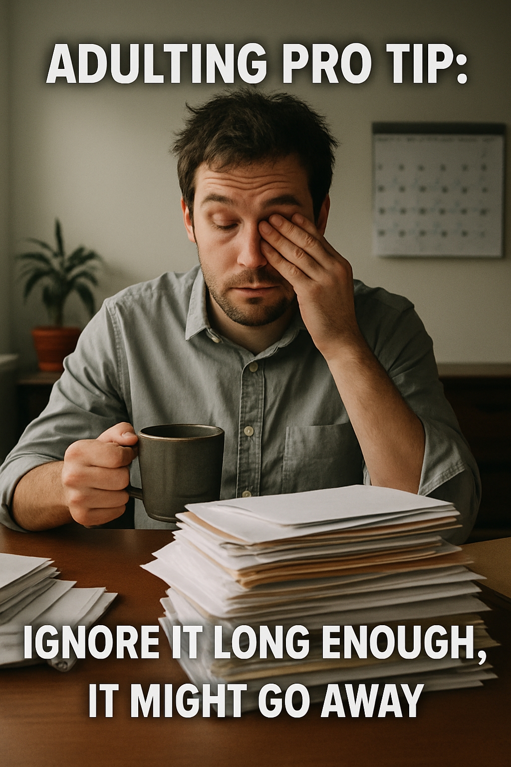 Tired Man at Desk with Pro Tip on Adulting Meme