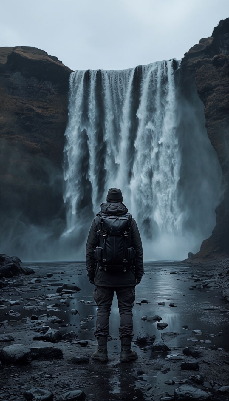 Mysterious Figure at Majestic Waterfall on Rocky Shore Mobile Wallpaper