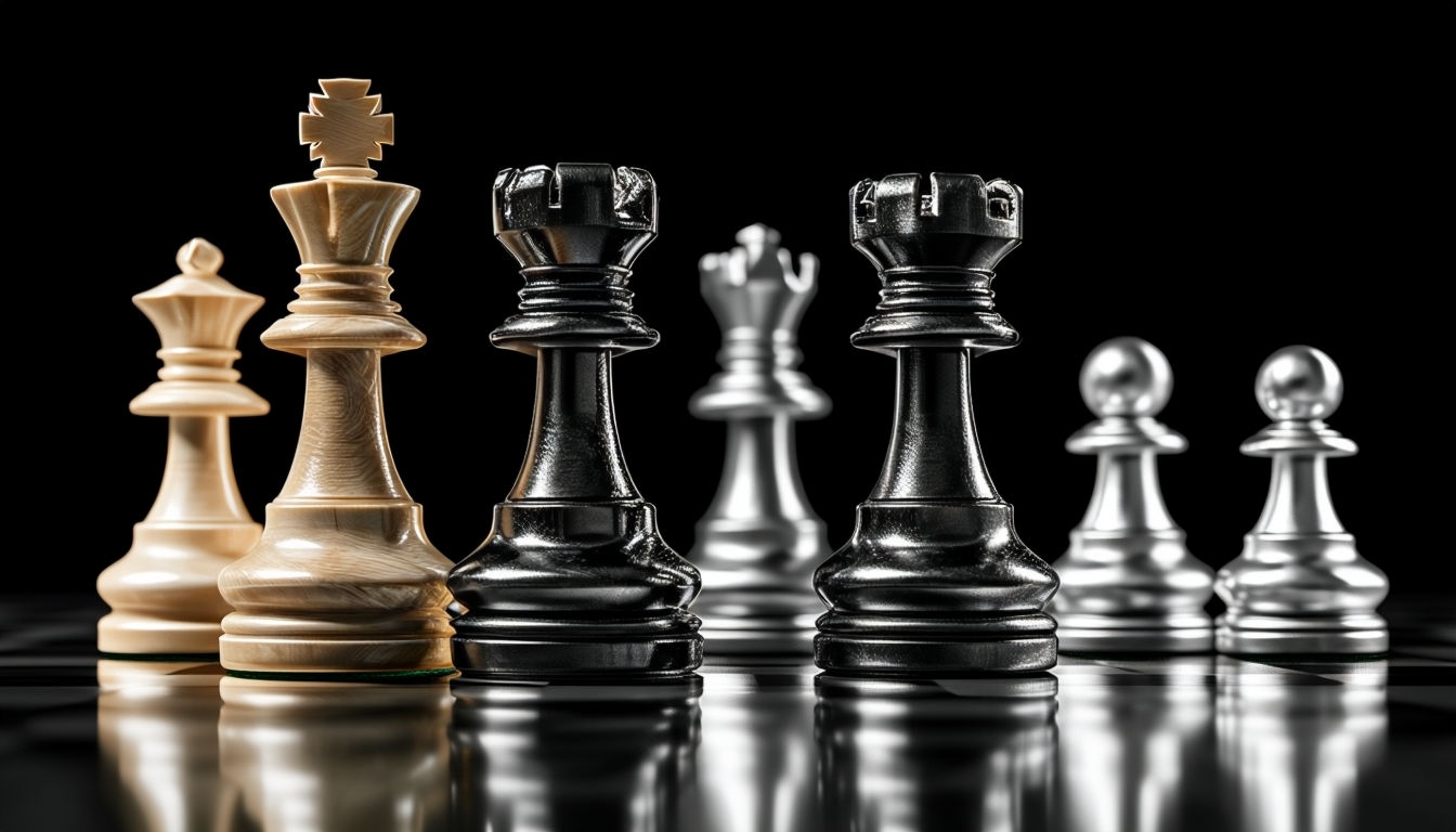 Elegant 4K Photorealistic Chess Pieces on Reflective Surface Virtual Background