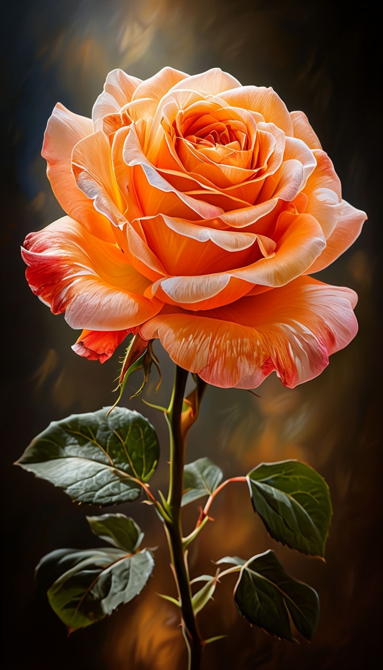 Stunning Close-Up Orange Rose Oil Painting with Lush Green Leaves Art