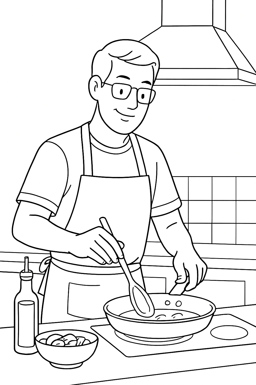 Cheerful Man Cooking in Kitchen Black and White Line Art Coloring Book Pages