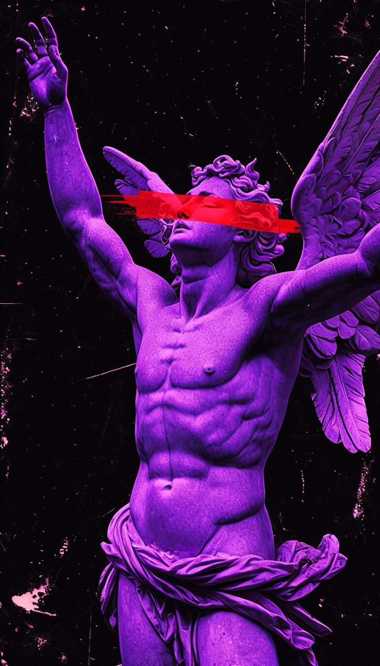 Vivid Purple Angel Statue with Red Overlay Digital Artwork Mobile Wallpaper