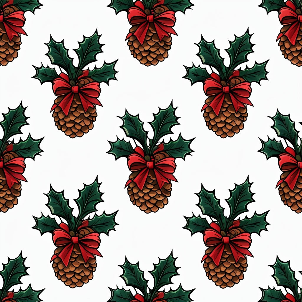 Festive Pinecones and Holly Leaves Seamless Pattern Design