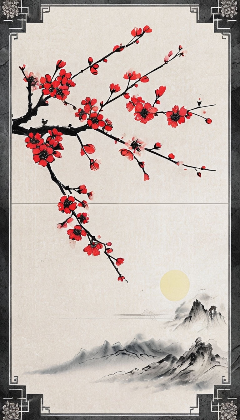 Elegant Cherry Blossom and Mountain Ink Wash Art Poster