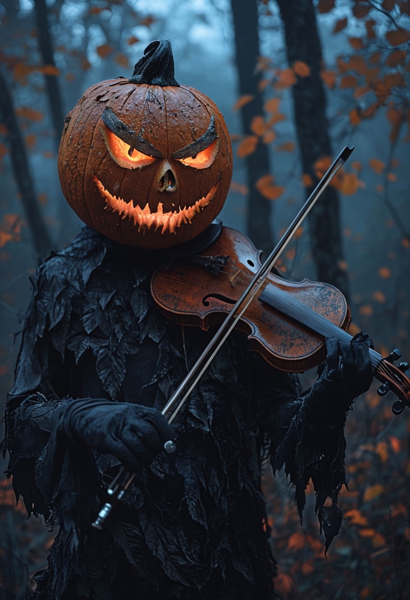 Eerie Pumpkin Head Violinist in Haunted Forest Art