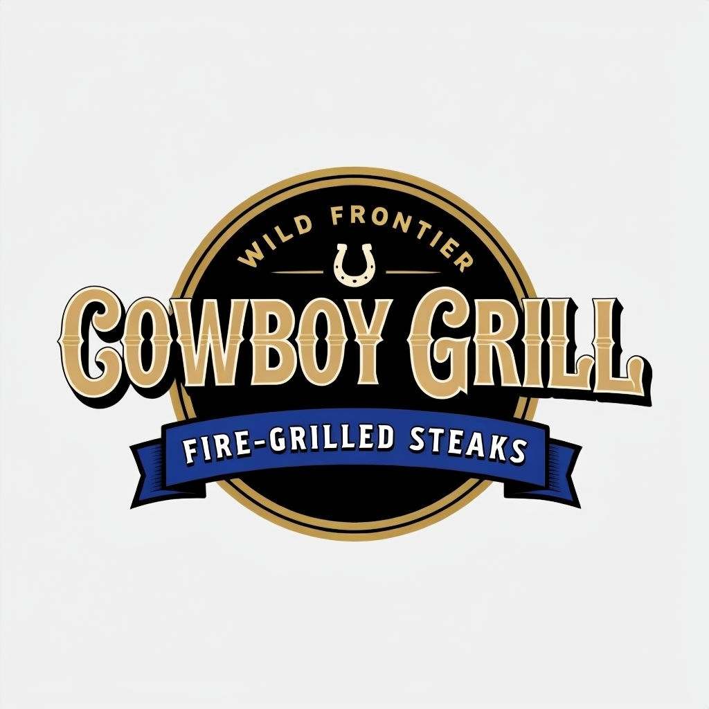 Vintage Wild Frontier Cowboy Grill Logo Design with Emblem