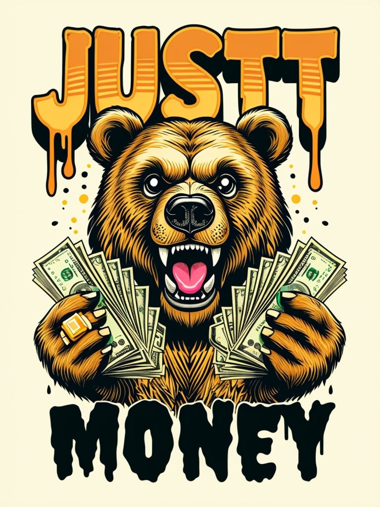 Playful Cartoon Bear with Money and Dripping Text T-Shirt
