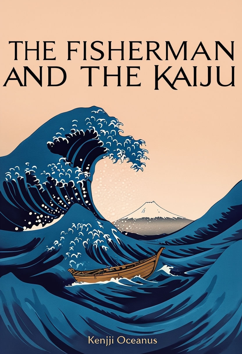 Dramatic Ukiyo-e Sea Adventure Cover for The Fisherman and the Kaiju EBook Cover