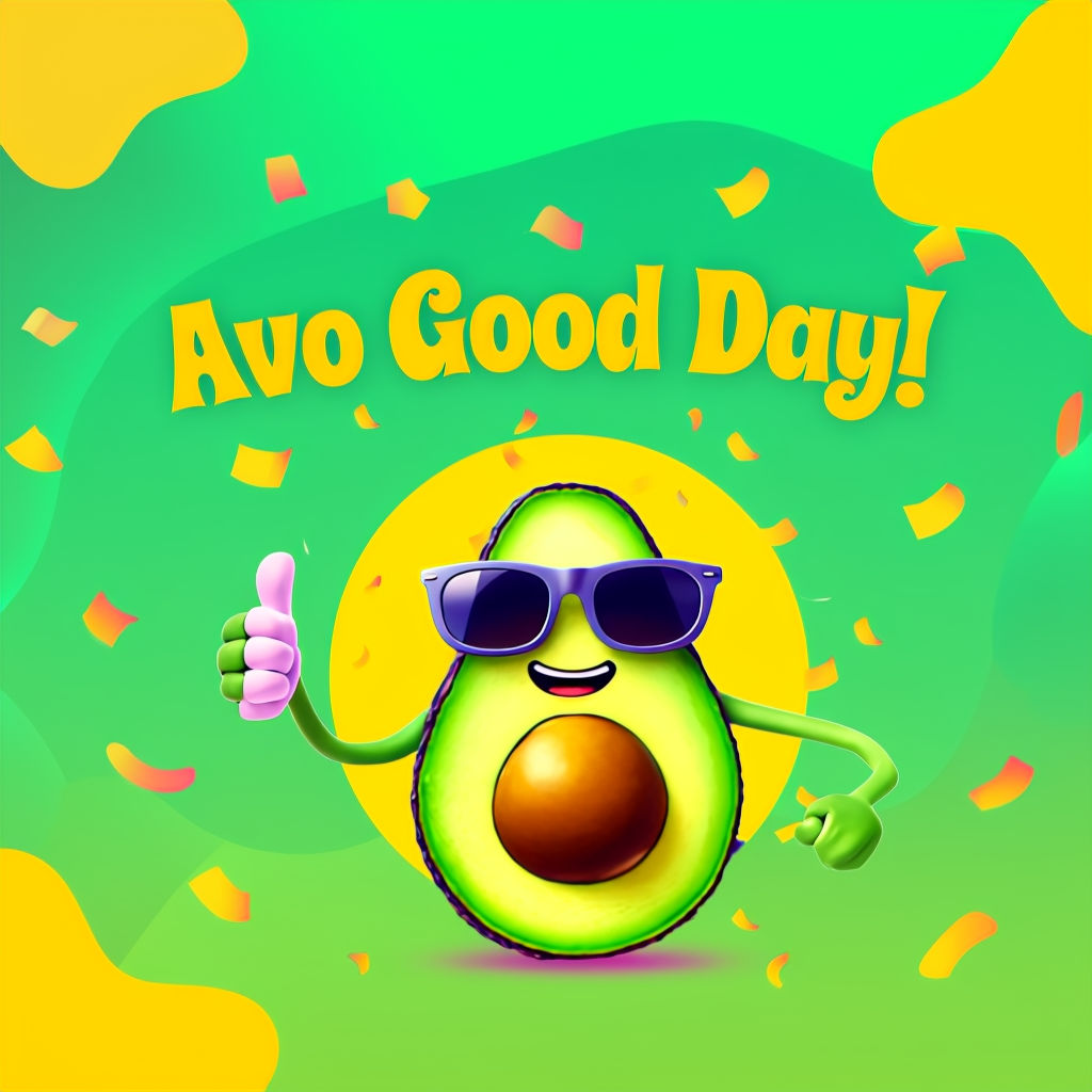 Cheerful Avo Good Day Pun Graphic with Playful Avocado Character Social Media Post