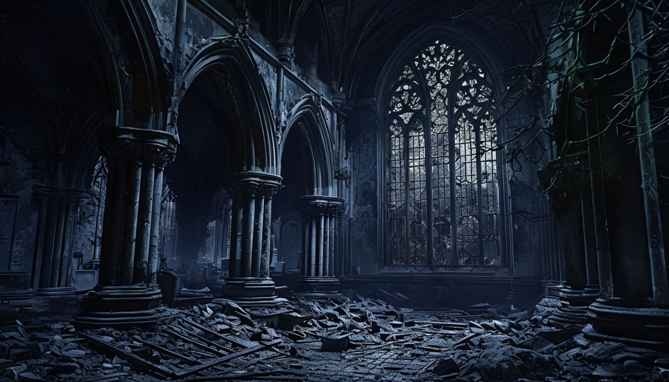 Haunting Gothic Cathedral Interior with Eerie Shadows Background