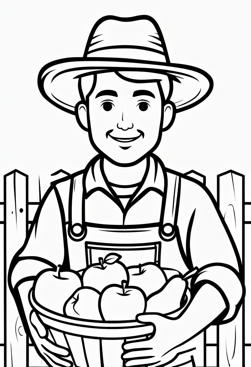 Friendly Farmer with Basket of Apples Coloring Book Page