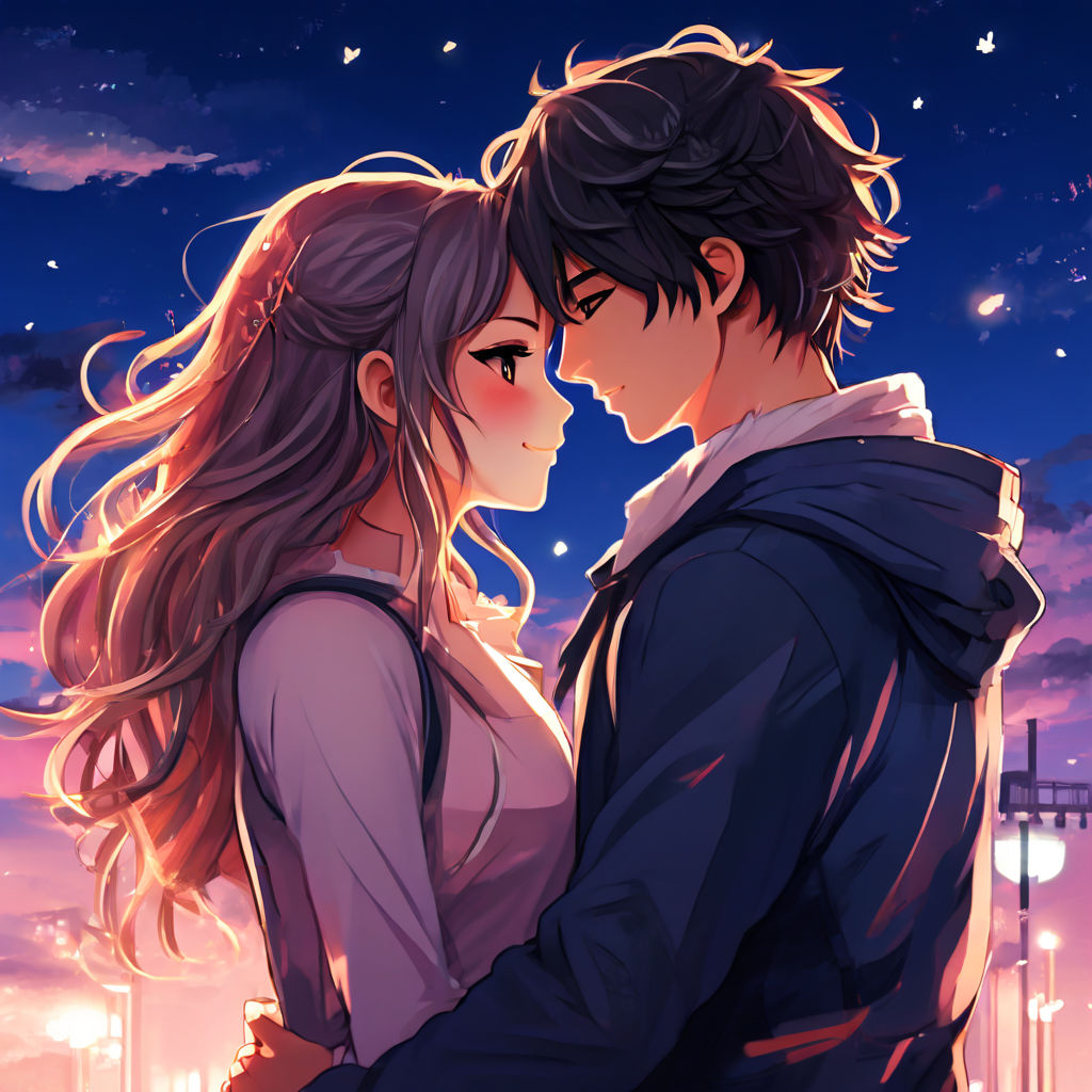 Anime world couple kissing in the evening