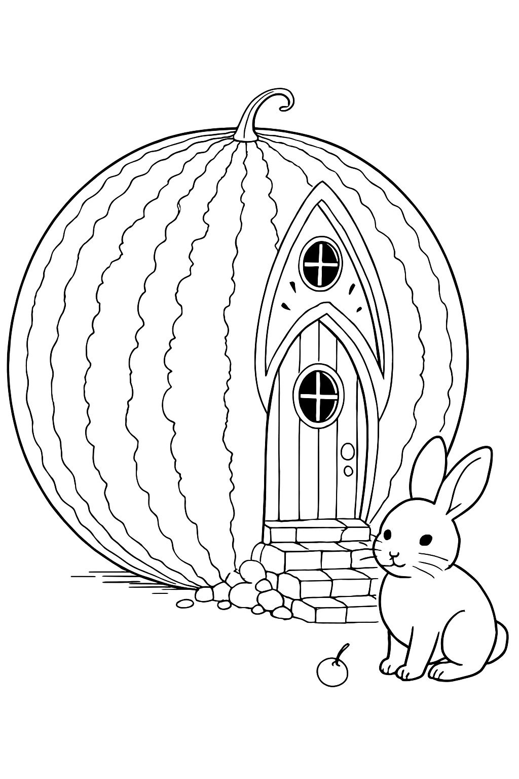 Whimsical Watermelon House with Cute Bunny Coloring Page