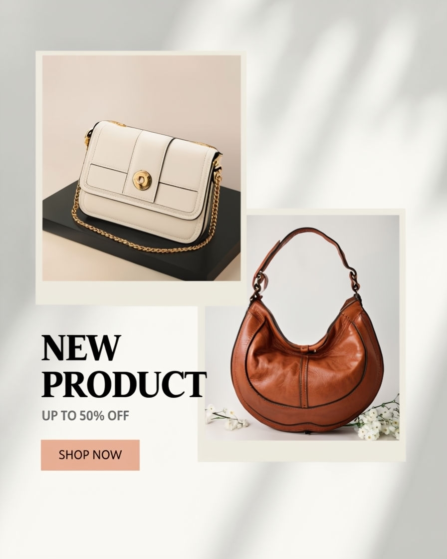 Elegant Handbag Advertisement with Polaroid Images and Discounts Ads