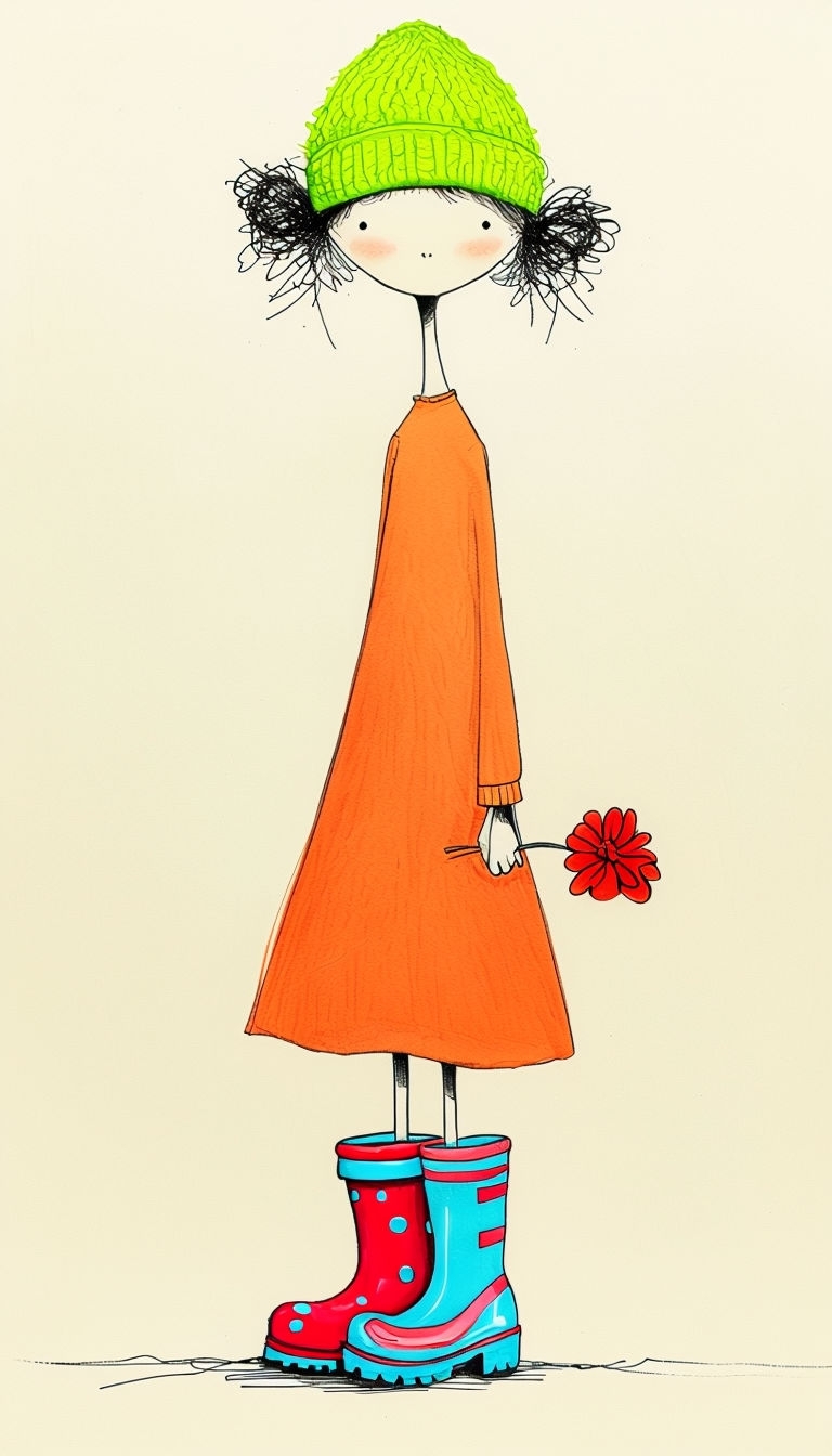 Charming Cartoon Woman with Elongated Neck and Colorful Outfit Art