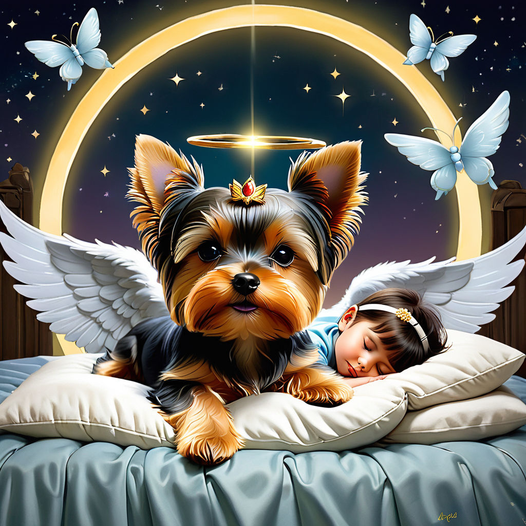 Prompt: Yorkie with halo and wings, watching over girl sleeping