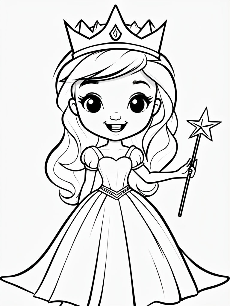Cheerful Cartoon Princess with Magic Wand Coloring Page