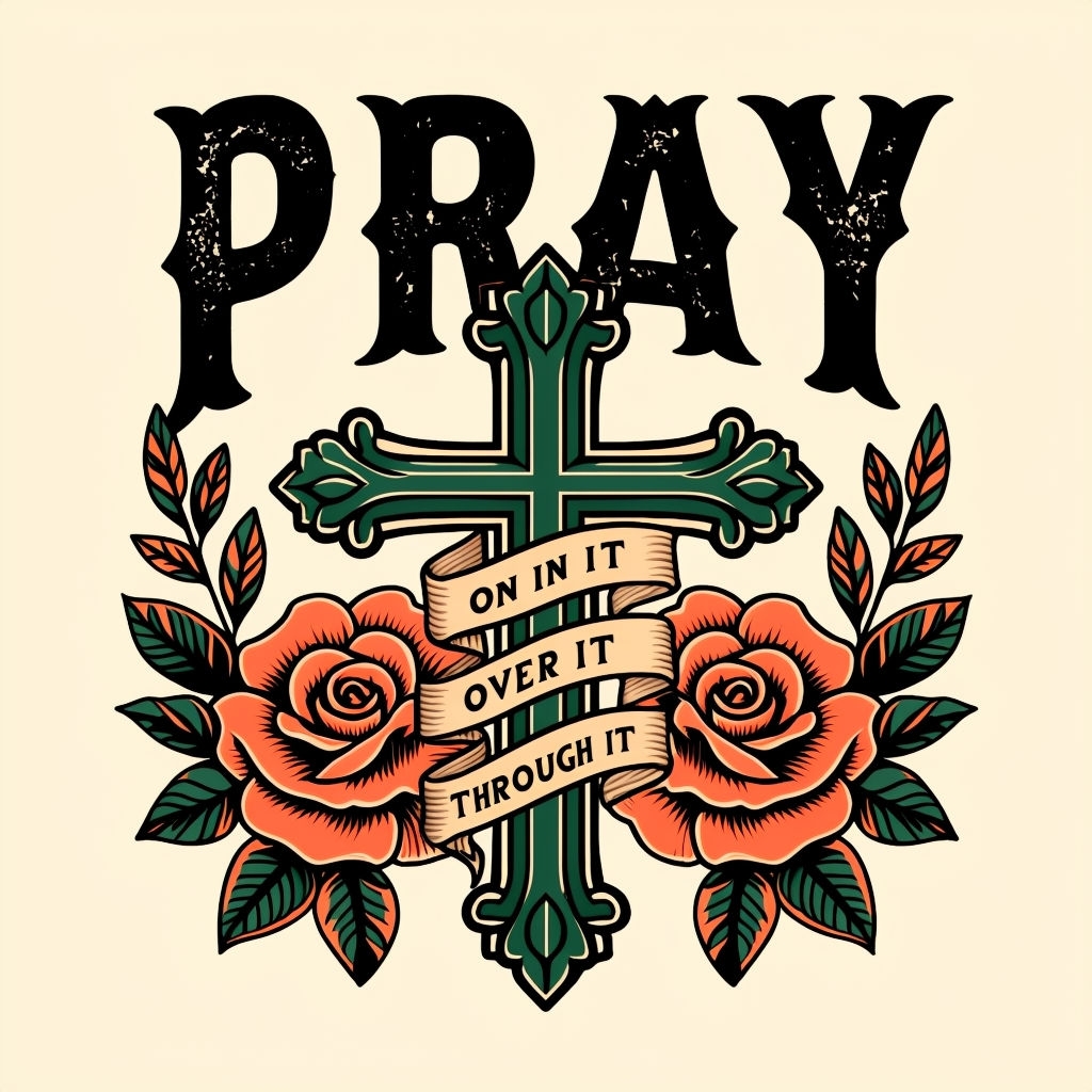 Vintage Tattoo Style PRAY Cross and Roses T-Shirt