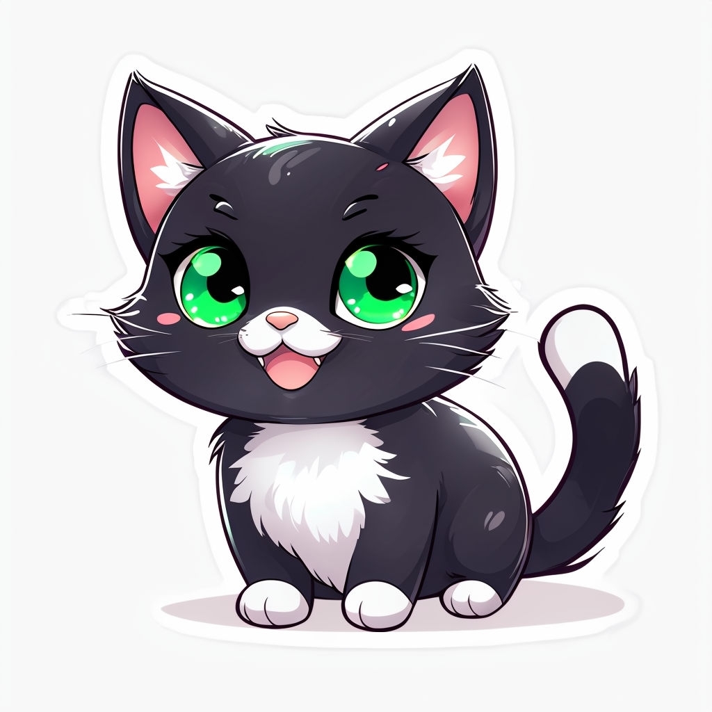 Adorable Kawaii Black Cat with Emerald Eyes Sticker