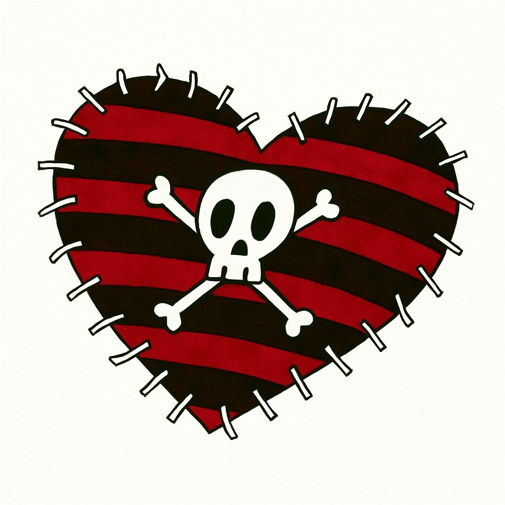 Edgy Heart with Skull and Crossbones Cartoon Sticker