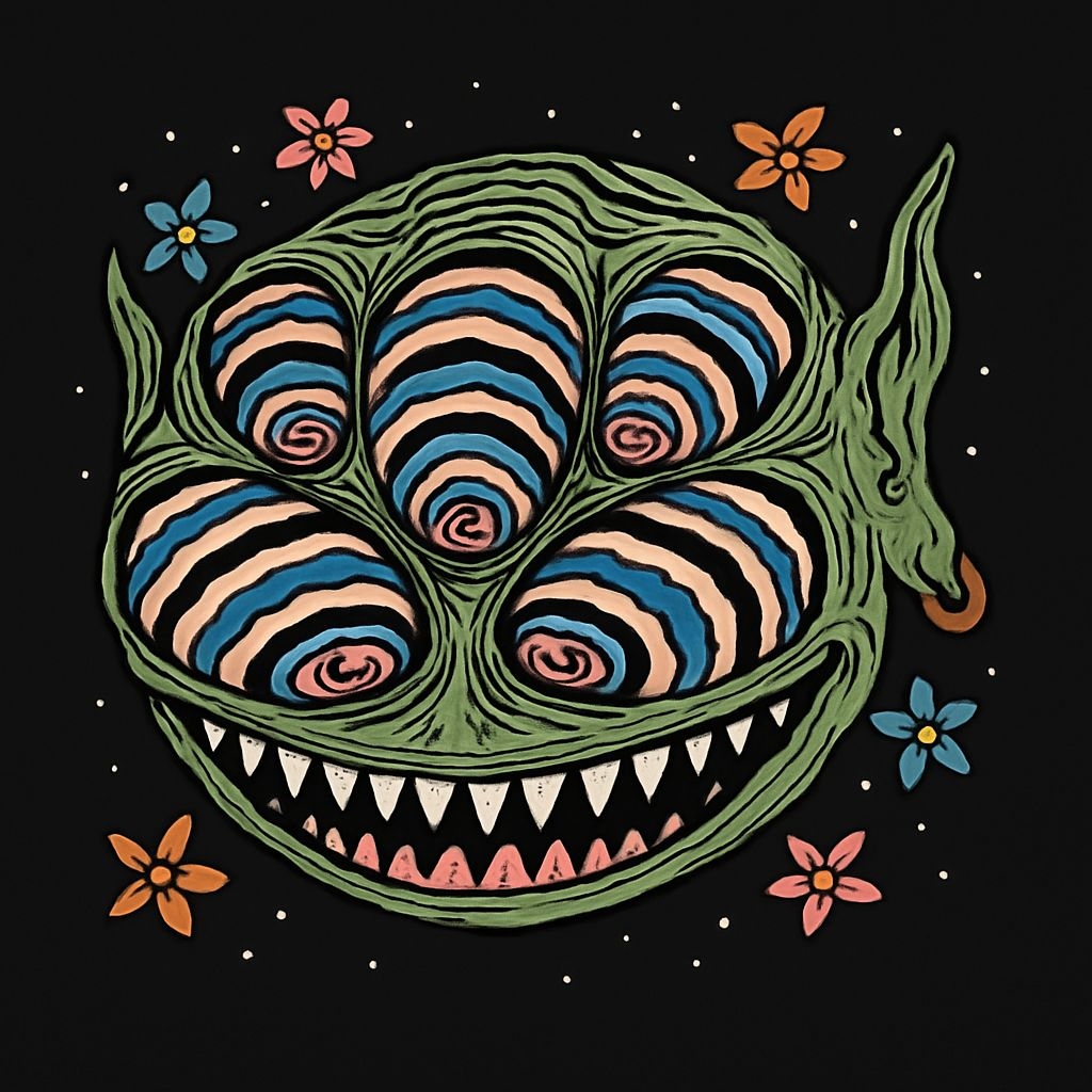 Surreal Green Monster Face with Spiraled Eyes and Flowers Art