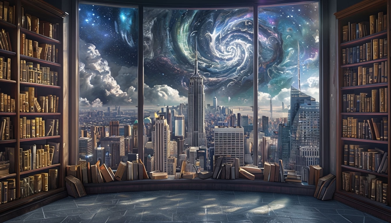 Grand Library with Futuristic Cityscape and Cosmic Nebula Art