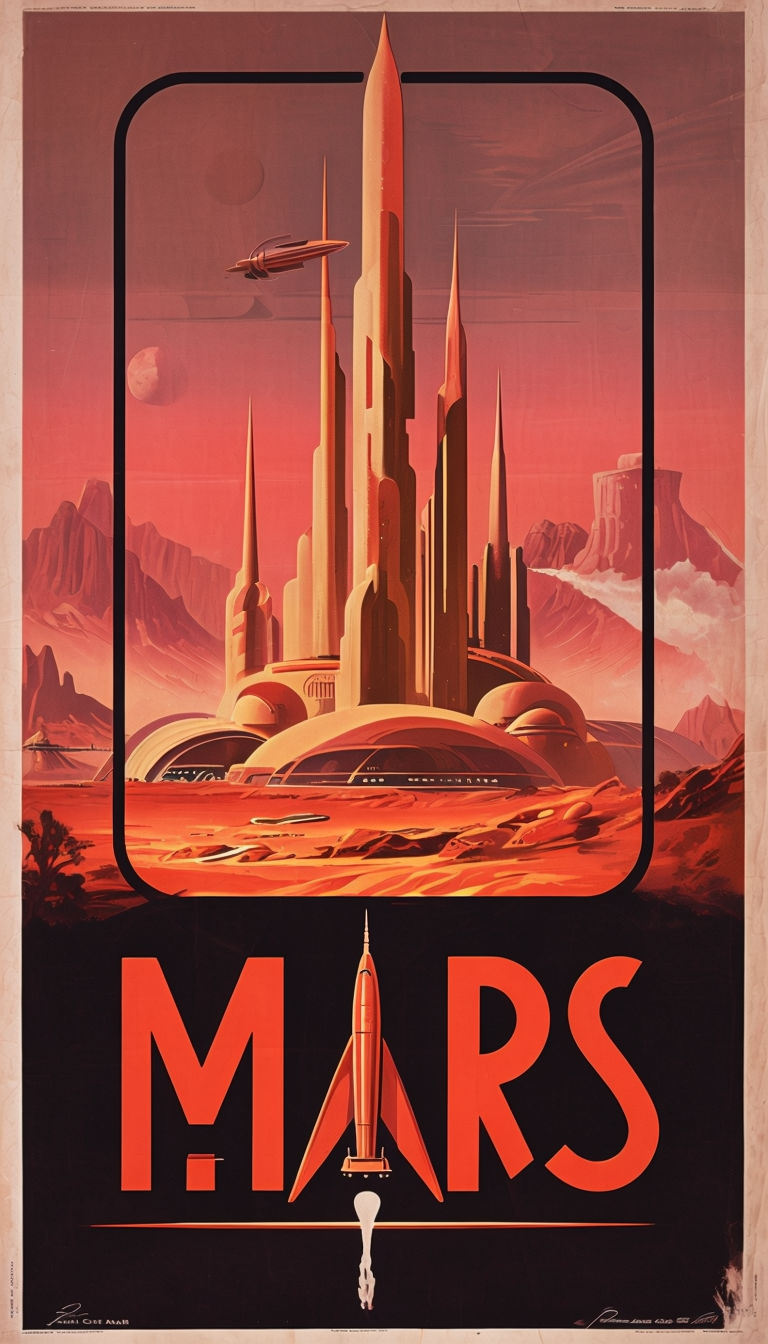 Futuristic Vintage Mars Travel Poster with Vibrant Cityscape Illustration Art